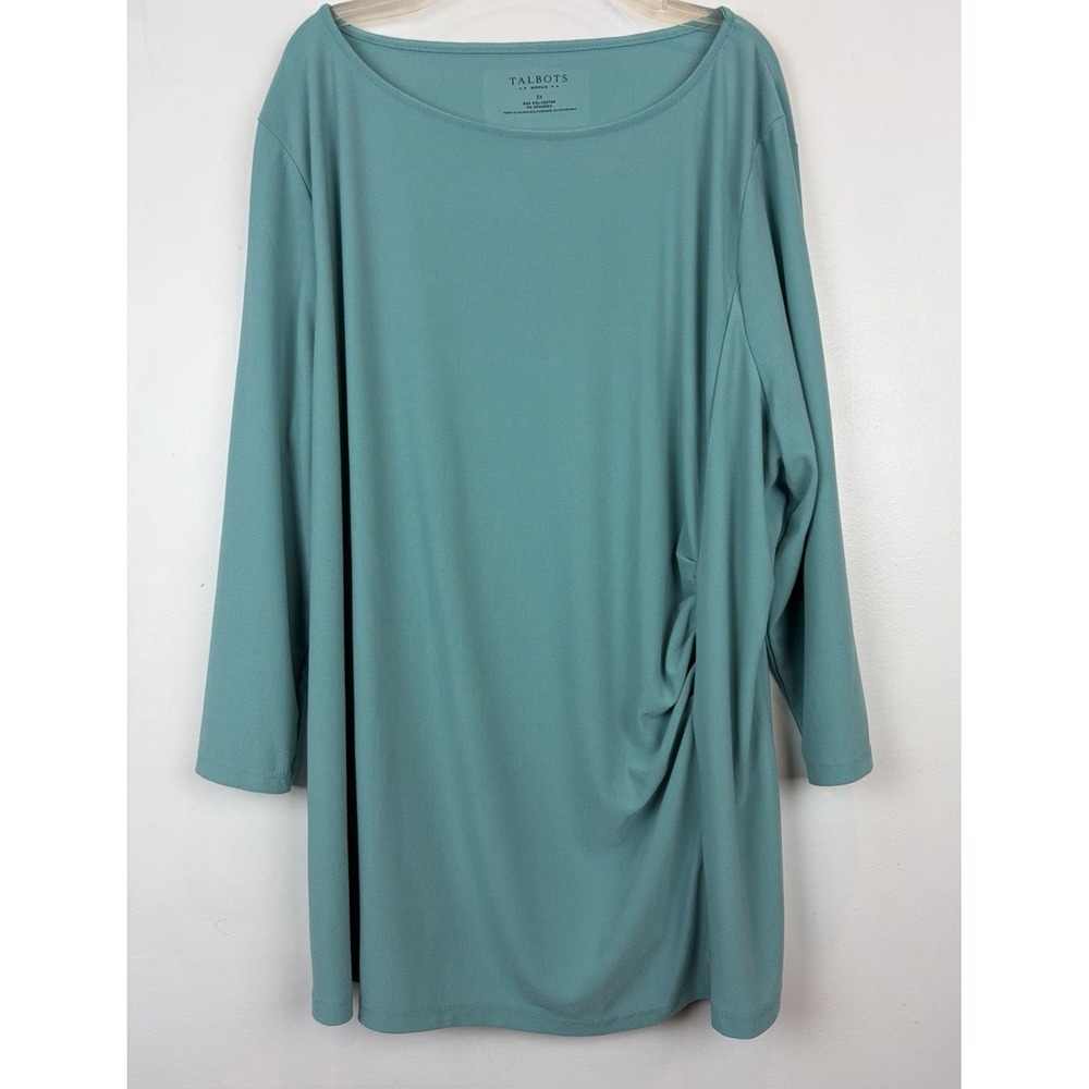 Talbots Top Womens 3X Plus Pullover Teal Long Sleeve Casual Stretch Ruched Side